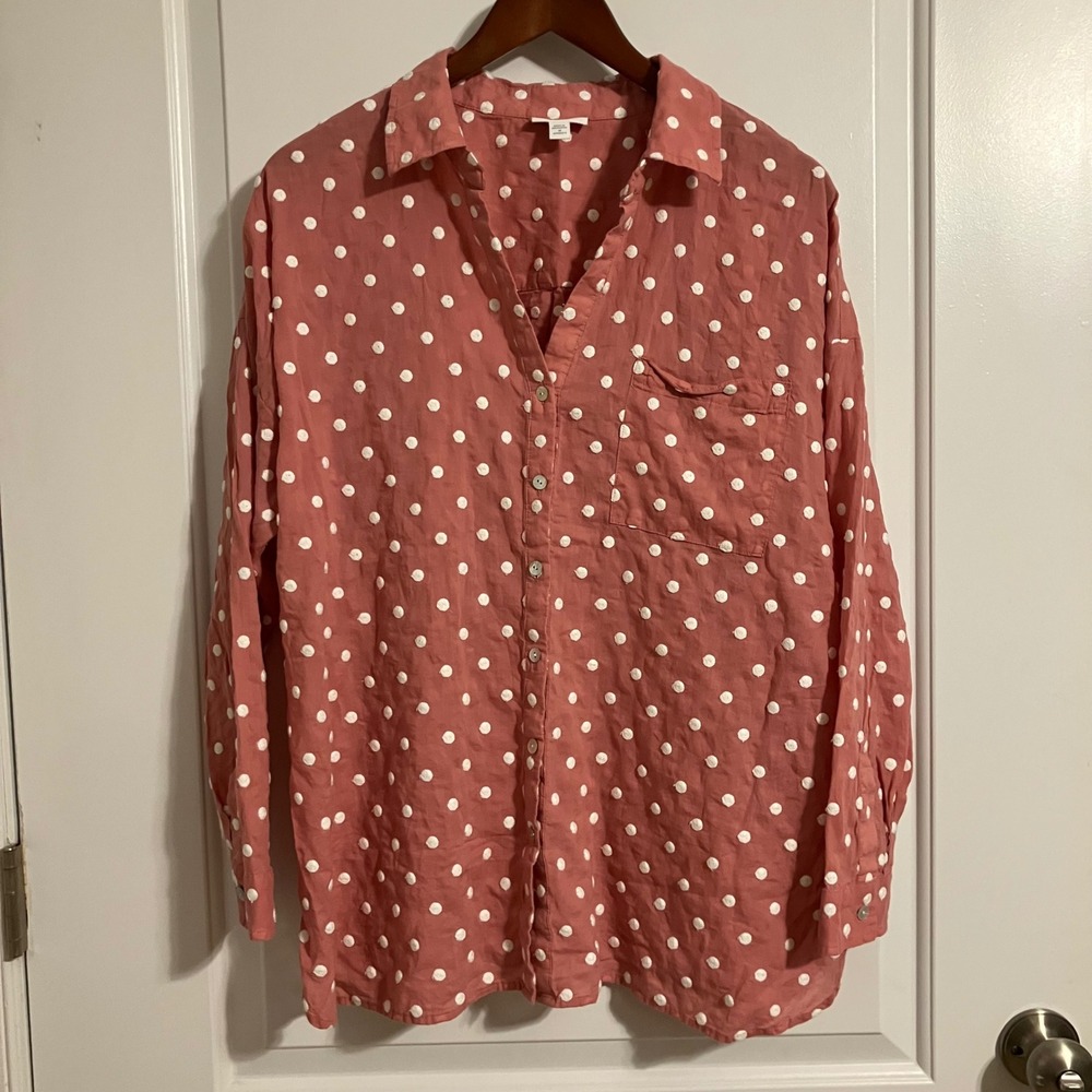 J. Jill Coral Pink White Embroidered Polka Dot Cotton Button Down Shirt 1X